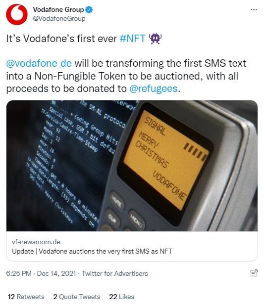 英國沃達(dá)豐公司也表示，計劃將拍賣所得全部捐贈給聯(lián)合國難民署，以支持那些被迫逃離家園的人。(圖片來源：英國沃達(dá)豐公司社交媒體截圖)