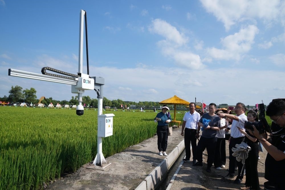 在北大荒集團(tuán)閆家崗農(nóng)場有限公司農(nóng)業(yè)現(xiàn)代化示范區(qū)，工作人員在介紹利用數(shù)字技術(shù)的葉齡診斷儀（2023年8月10日攝）。新華社記者 王建威 攝