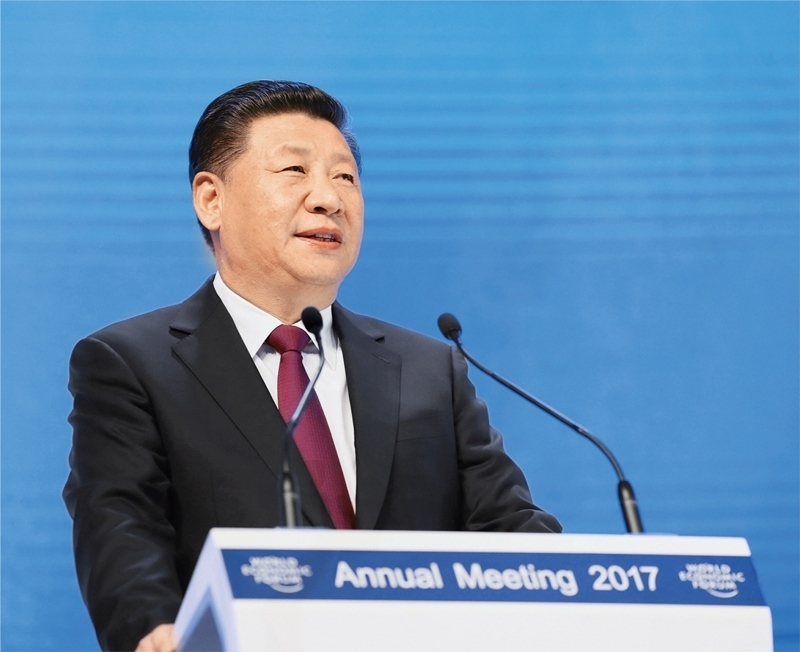 2017年1月17日，習(xí)近平主席在瑞士達(dá)沃斯國(guó)際會(huì)議中心出席世界經(jīng)濟(jì)論壇2017年年會(huì)開(kāi)幕式，并發(fā)表題為《共擔(dān)時(shí)代責(zé)任 共促全球發(fā)展》的主旨演講。