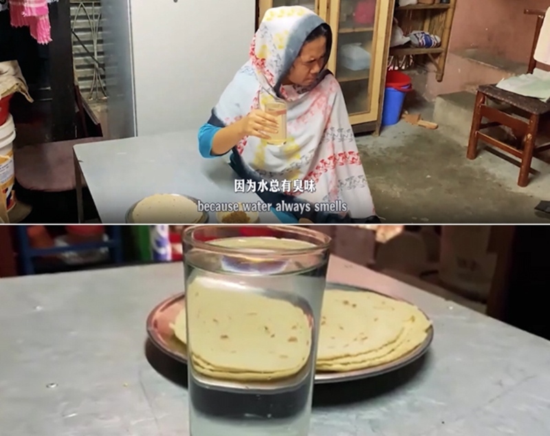 圖為紀實短片截圖：上圖為水質(zhì)未改善前，飲用水發(fā)黃渾濁；下圖為水廠建成后，飲用水水質(zhì)明顯改善，清澈透明。