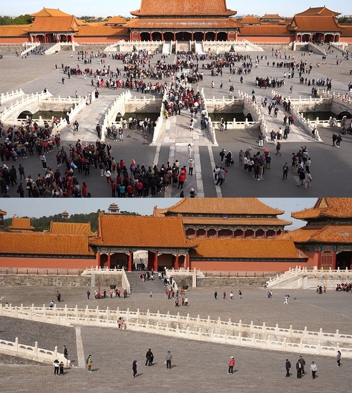 上午9時和下午13時的太和門廣場客流對比。故宮博物院供圖