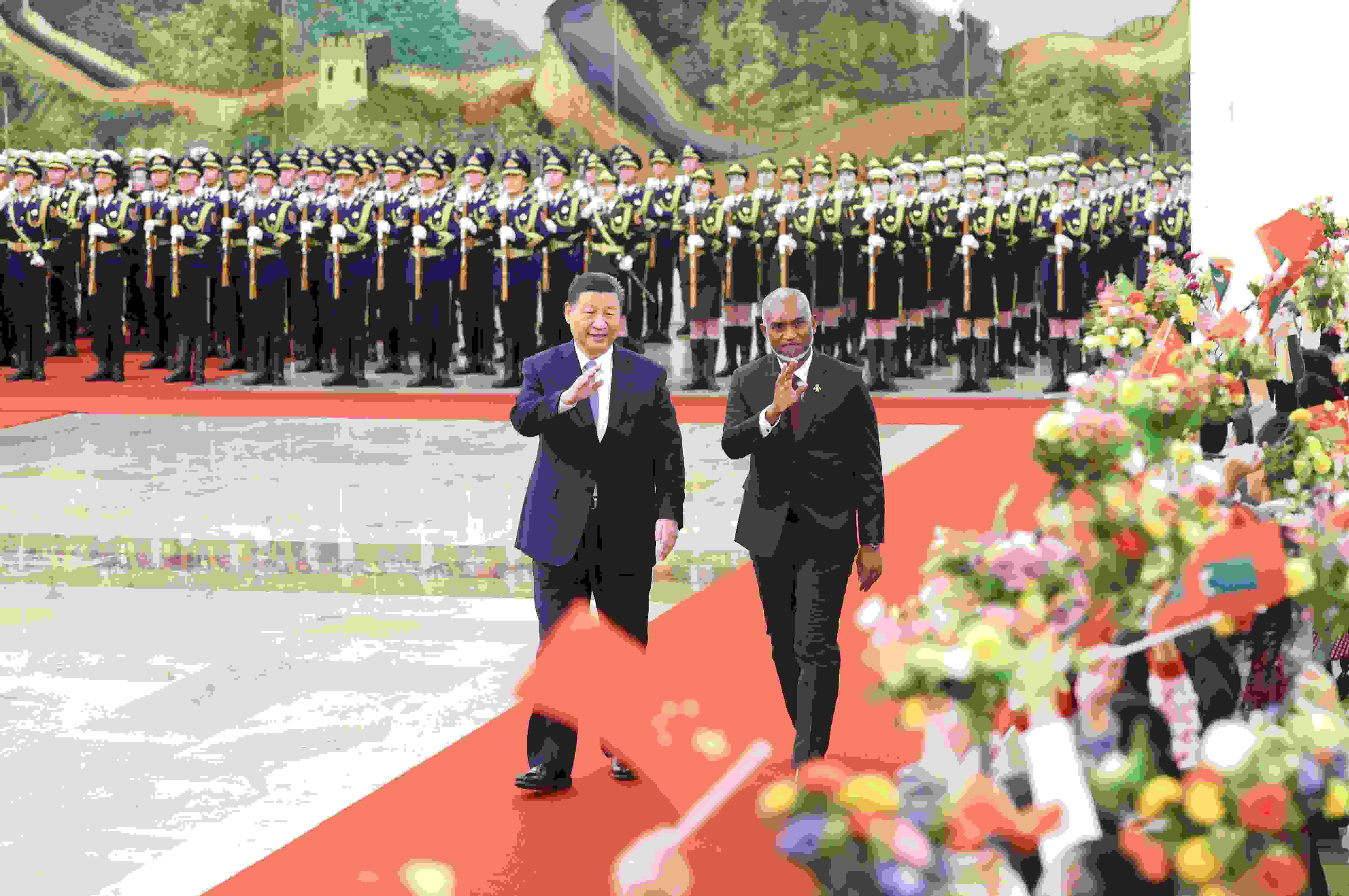 △2024年1月10日下午，國(guó)家主席習(xí)近平在北京人民大會(huì)堂同來(lái)華進(jìn)行國(guó)事訪問的馬爾代夫總統(tǒng)穆伊茲舉行會(huì)談。會(huì)談前，習(xí)近平主席在人民大會(huì)堂北大廳為穆伊茲總統(tǒng)舉行歡迎儀式。