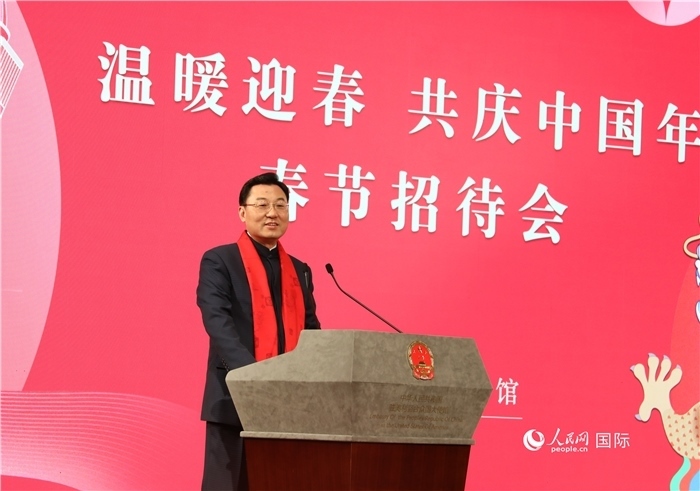 中國駐美國大使謝鋒發(fā)表致辭，向全體在美同胞致以親切問候。人民網(wǎng)記者 李志偉攝