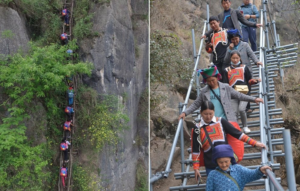 “懸崖村”今昔對(duì)比：左圖為2016年5月14日，“懸崖村”的孩子們攀爬木梯回家。右圖為2020年5月13日，“懸崖村”村民帶著行李通過(guò)鋼梯下山，搬遷至易地扶貧集中安置點(diǎn)的新家。