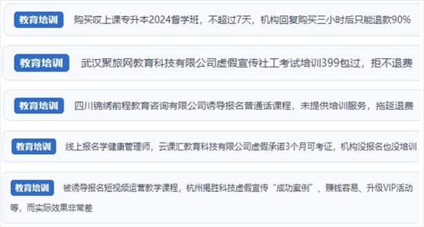 “人民投訴”用戶舉報機構虛假宣傳包過包拿證、虛假承諾收益效果、課程服務貨不對板、退款難等在線教培亂象。（“人民投訴”平臺截圖）