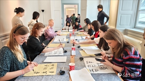 瑞典書法愛好者專心學(xué)習(xí)書法。人民網(wǎng)記者 殷淼攝