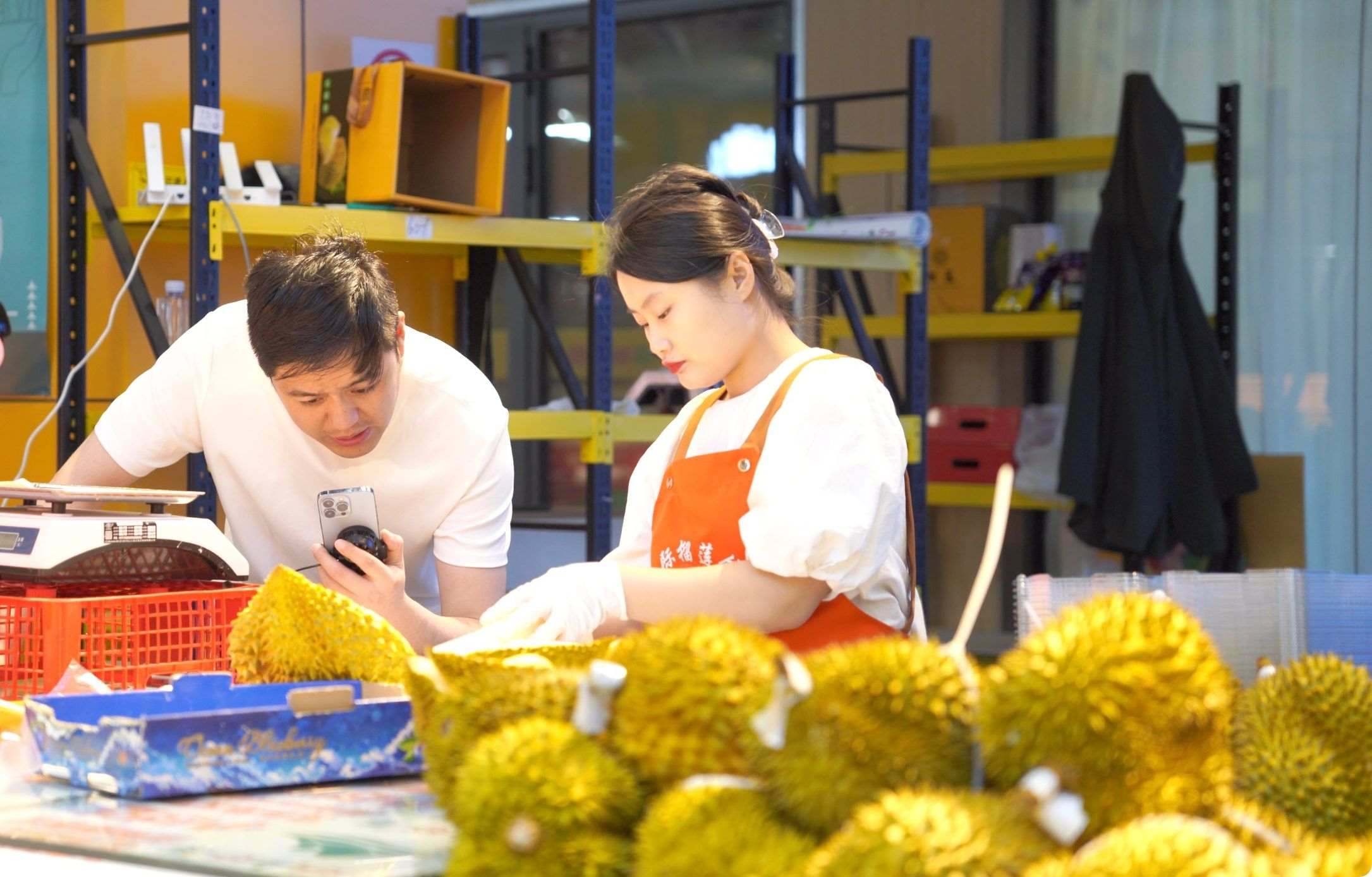 榴蓮商家正在通過手機(jī)直播銷售榴蓮。人民網(wǎng)記者申佳平 攝