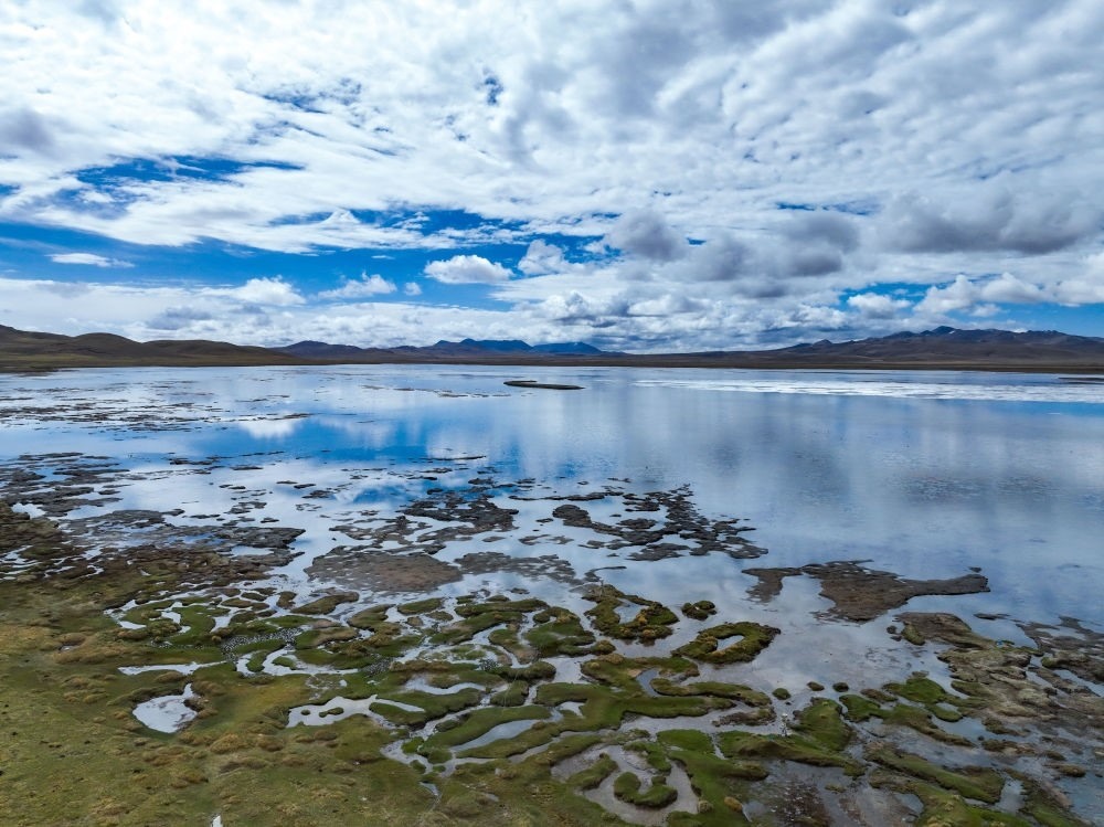 這是2024年5月26日在長江源頭地區(qū)拍攝的班德湖一角（無人機照片）。新華社記者 張龍 攝