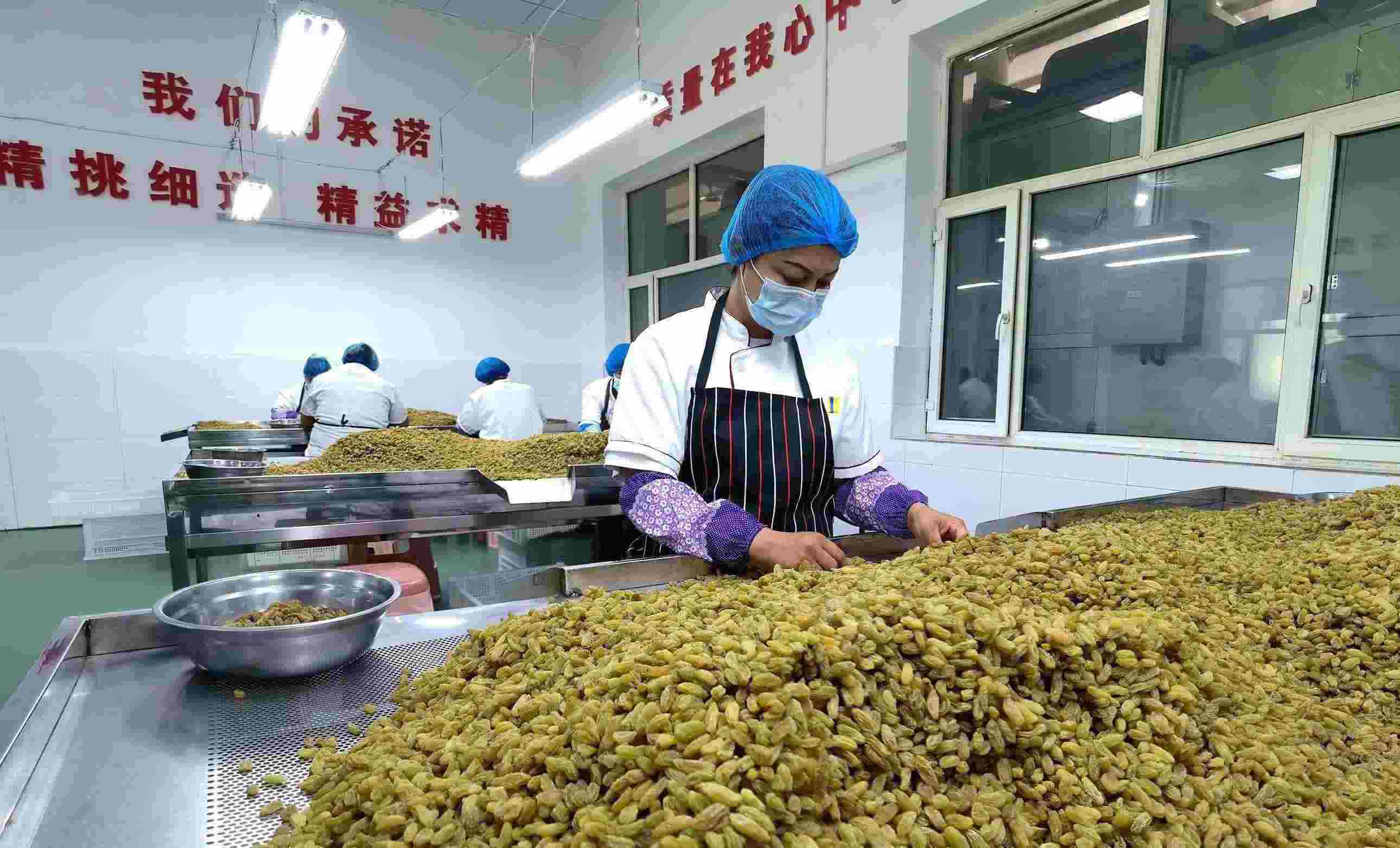 新疆吐魯番市高昌區(qū)亞爾鎮(zhèn)新城西門村，村民們在分揀葡萄干。