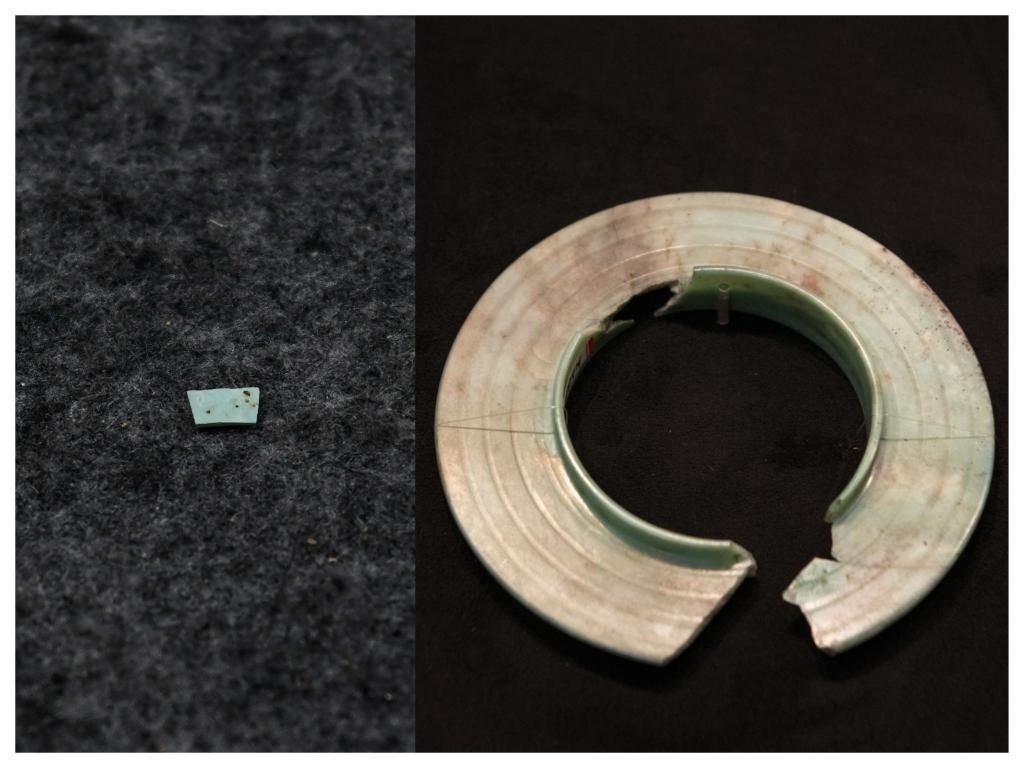 拼版照片：左圖為2024年7月10日拍攝的三星堆遺址出土的綠松石片（新華社記者王曦 攝），右圖為2024年7月21日在三星堆博物館文物保護與修復館拍攝的有領玉璧（新華社記者唐文豪 攝）。