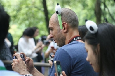 俄羅斯《俄羅斯報》視覺內(nèi)容編輯阿爾圖爾·杰魯諾夫在拍攝熊貓。（李佩藺 攝）