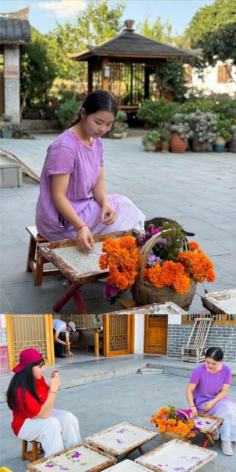 沒(méi)有女生不愛(ài)花。以古法造紙技藝為基礎(chǔ)，再輔以花草枝葉勾勒各式圖案，創(chuàng)作出花茂村獨(dú)具特色的紙漿壓花畫(huà)，少女手中的花是她眼中的風(fēng)景，而她與正在制作的紙漿壓花畫(huà)也是別人眼中的風(fēng)景。（哈薩克斯坦BAQ通訊社高級(jí)記者古爾詹·拉曼庫(kù)洛娃、張亞欣攝）