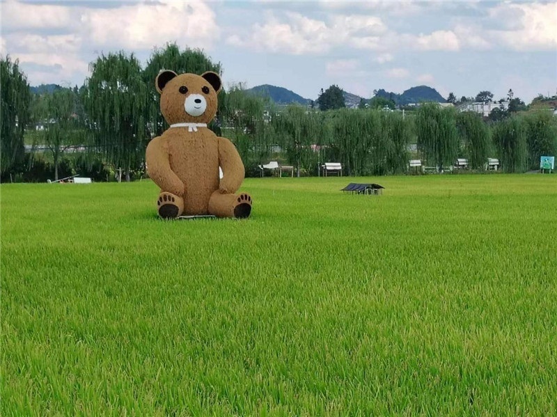 稻穗搖曳，垂柳依依，山嵐多姿，好一幅歲月靜好山鄉(xiāng)恬靜圖。這憨厚俏皮的熊玩偶造型，像是亂入其中，形成現(xiàn)代與傳統(tǒng)、好動(dòng)與寧?kù)o的反差感，讓人過(guò)目不忘，也讓人莞爾一笑。（哈薩克斯坦鳳凰24新聞社總編輯兼首席執(zhí)行官克馬爾·馬山羅攝）