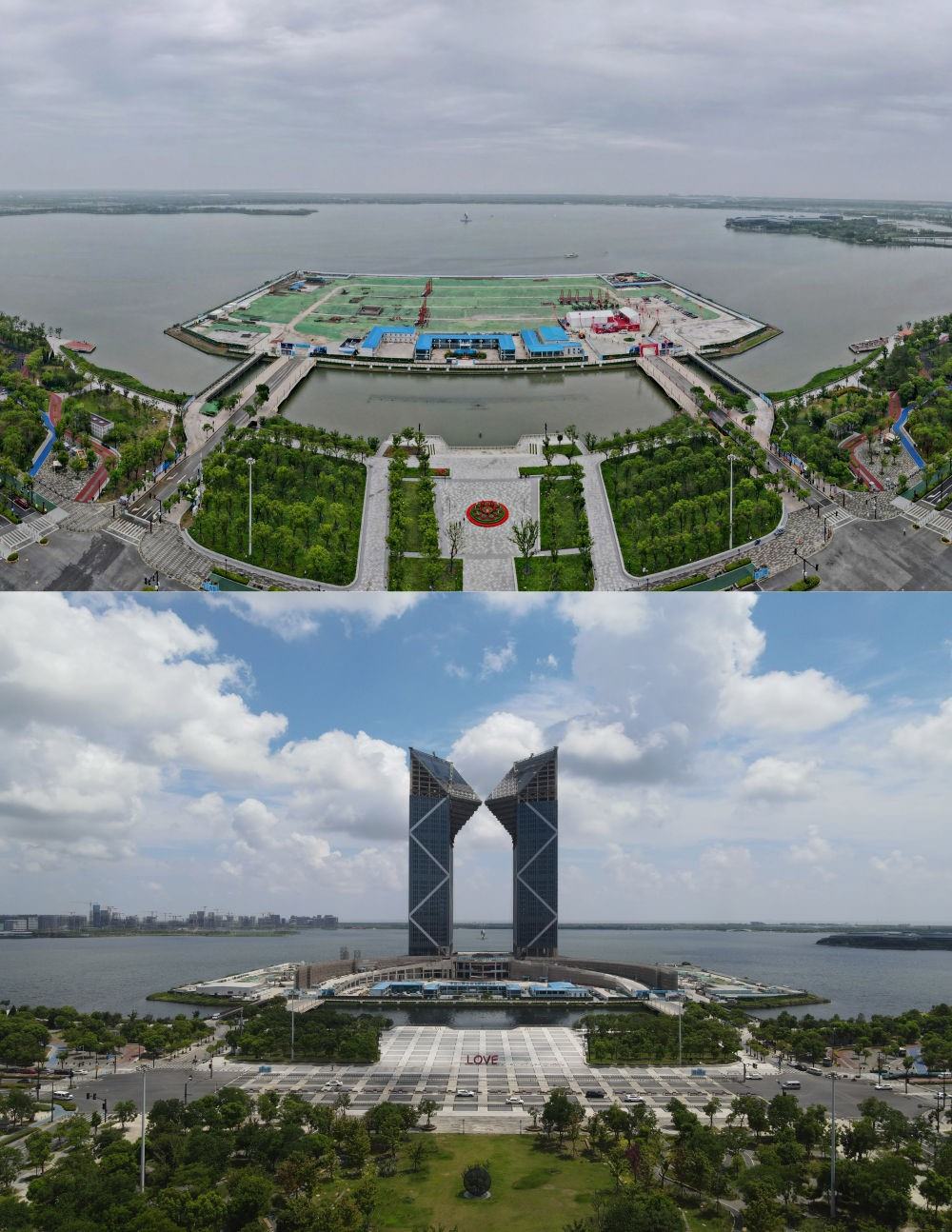拼版照片：空中俯瞰中國(guó)（上海）自由貿(mào)易試驗(yàn)區(qū)臨港新片區(qū)滴水湖西島中銀金融中心項(xiàng)目現(xiàn)場(chǎng)（上圖為2021年6月20日攝，無人機(jī)照片；下圖為2024年8月14日攝，無人機(jī)照片）。2019年8月20日，臨港新片區(qū)揭牌成立，一個(gè)開放新高地在長(zhǎng)江與東海交匯處日益崛起。