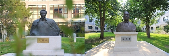 △左圖為中央黨校（國家行政學(xué)院）校園內(nèi)的焦裕祿雕塑，右圖為校園內(nèi)的谷文昌雕塑。