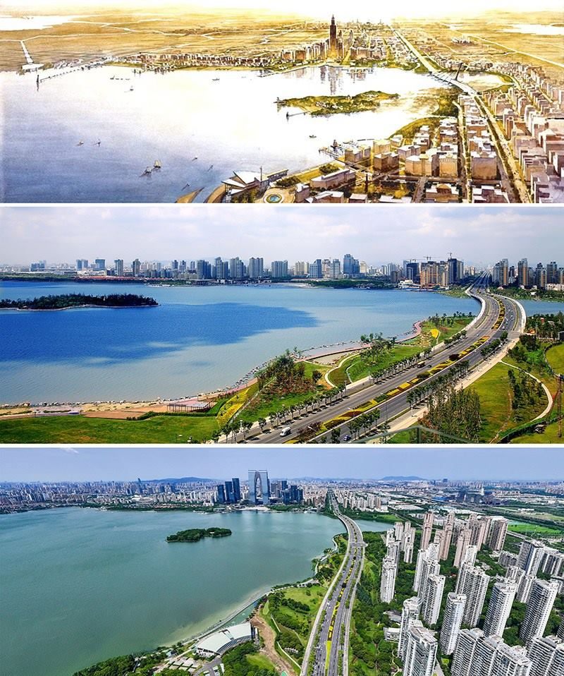 拼版照片：上圖為1994年繪制的蘇州工業(yè)園區(qū)手繪規(guī)劃圖；中圖為2007年拍攝的蘇州工業(yè)園區(qū)；下圖為2023年7月4日用無(wú)人機(jī)拍攝的蘇州工業(yè)園區(qū)。